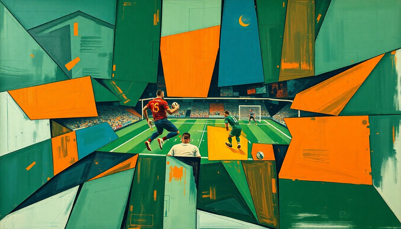 A fractured, cubist-style painting depicting the chaotic action of a football game, with sharp geometric planes in shades of green, orange, and blue overlapping to create a dynamic, multi-perspective view of the sport.