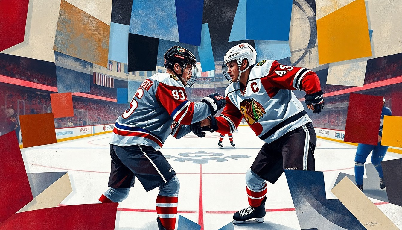 A cubist, geometric painting depicting the opening faceoff fight between two hockey players, their bodies and equipment broken down into sharp, overlapping planes of color and form.