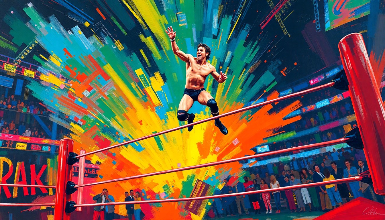 A dynamic, colorful painting depicting ISHOWSPEED mid-leap from the ring post, his body contorted in the air as he prepares to crash down onto Logan Paul below, capturing the raw energy and athleticism of the moment.