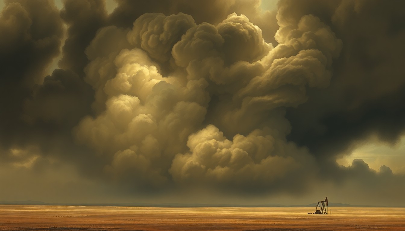 A sweeping, atmospheric landscape painting in muted tones of grey, brown, and black, depicting a massive cloud of thick smoke billowing across a desolate, windswept plain, with the faint outline of an oil pump jack barely visible through the haze, conveying the overwhelming scale and power of the natural disaster.