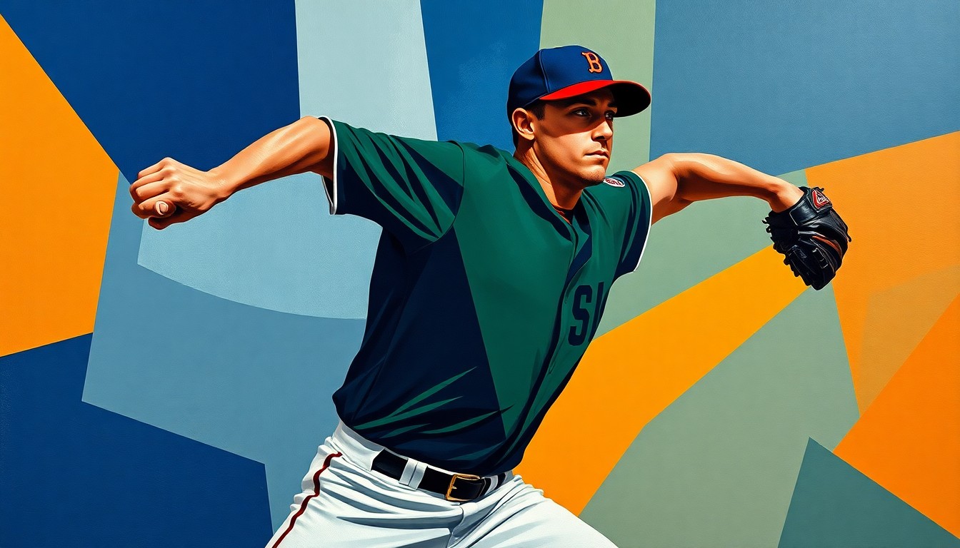 A cubist, geometric painting depicting the motion of a baseball pitcher, with the player's body broken down into sharp, overlapping shapes in a palette of navy, green, and orange.