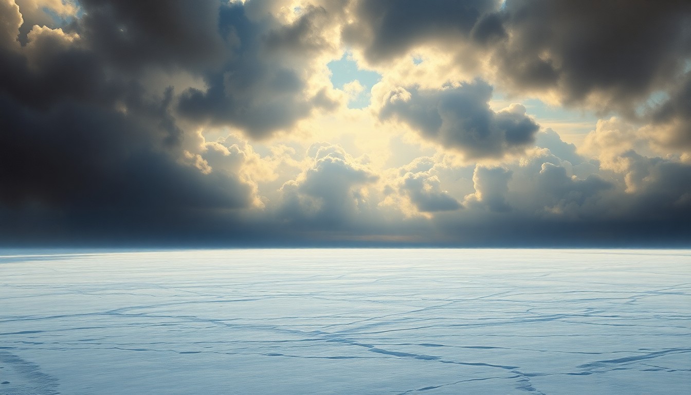 A vast, atmospheric landscape painting in muted tones of grey, blue, and white, depicting a frozen, snow-covered expanse under a dramatic, cloudy sky. The scene conveys a sense of the overwhelming scale and power of the natural world, with any physical structures or objects barely visible in the distance.