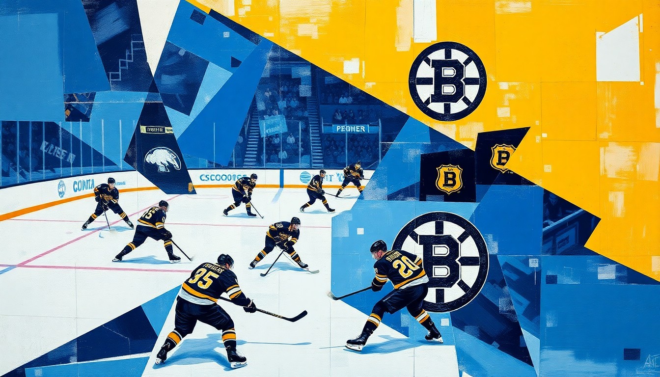 A cubist, geometric painting depicting the abstract movements and action of a hockey game between the Buffalo Sabres and Boston Bruins, with the teams' colors of blue, gold, black, and gold used throughout the fractured, overlapping shapes and planes.