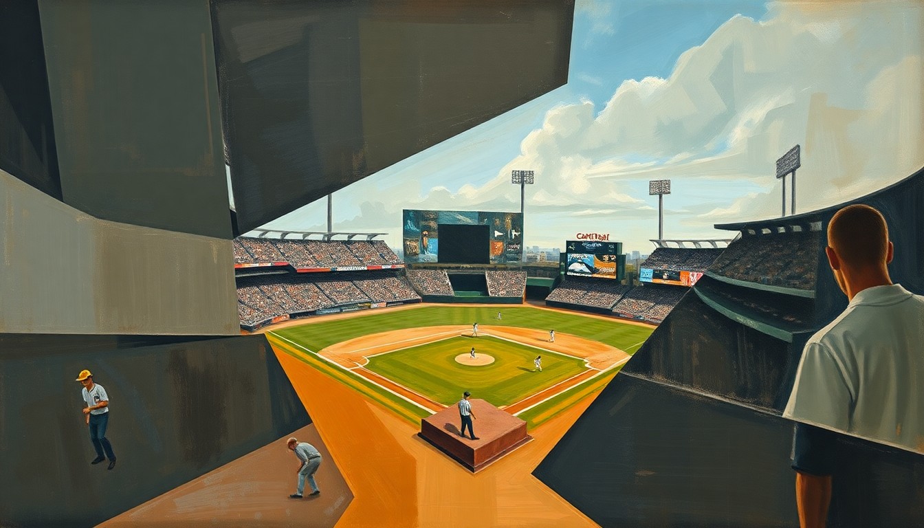 A cubist, geometric painting depicting a fractured baseball game, with sharp planes of muted earth tones and deep blues overlapping to create a sense of motion and chaos on the field.