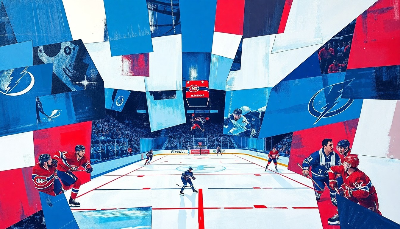 A cubist, geometric painting depicting a hockey game in progress, with the players and ice surface fragmented into overlapping planes of vibrant blue, red, and white colors, capturing the dynamic energy of the playoff matchup.