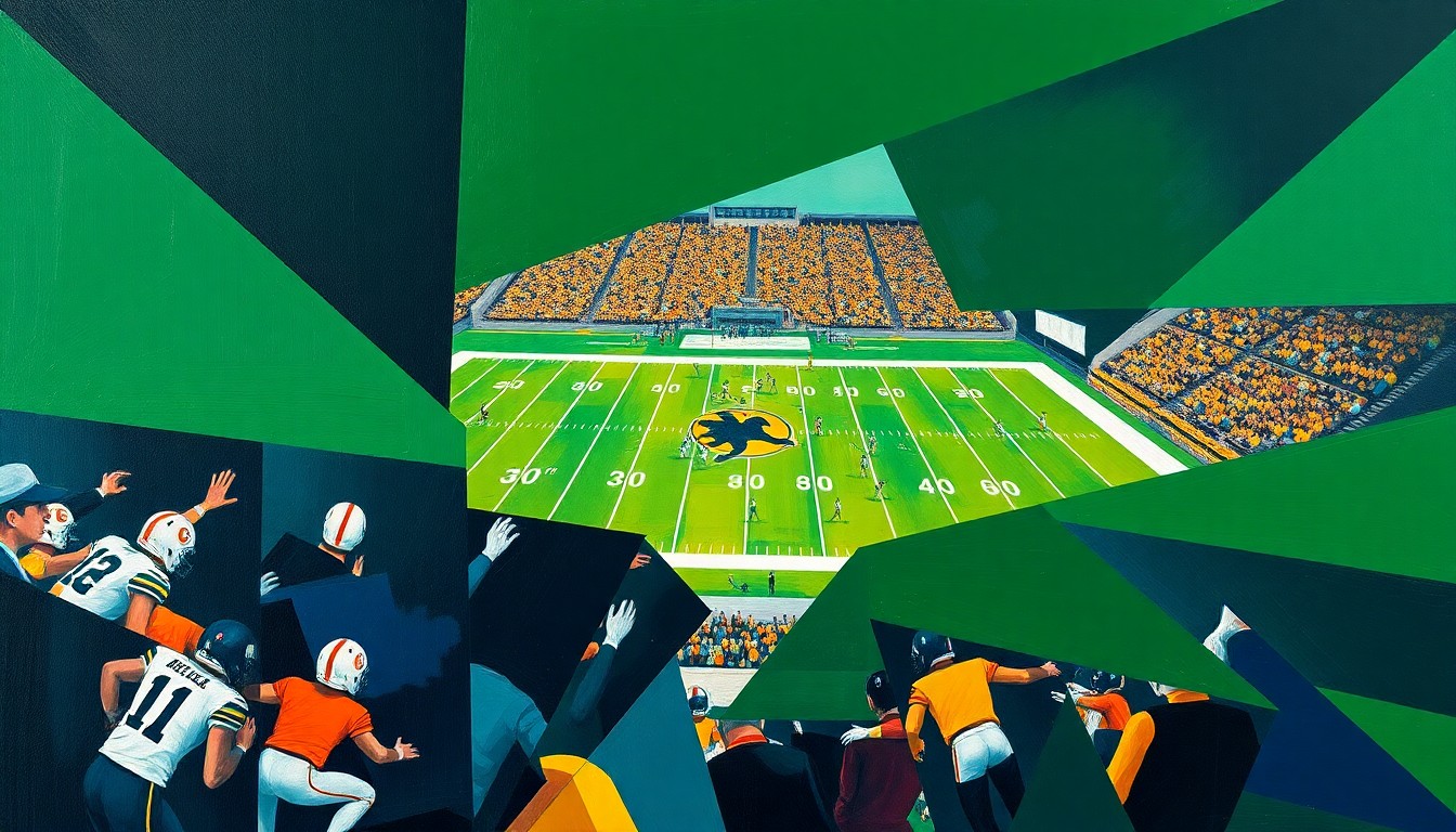 A fragmented, geometric painting depicting a college football rivalry game, with the players and field abstracted into bold, angular shapes in a palette of deep green, navy blue, and bright maize.