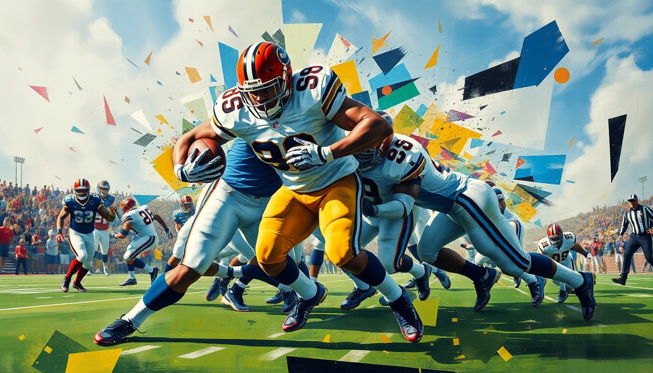 A fragmented, geometric painting depicting the explosive movements and collisions of a defensive lineman, conveying the raw energy and physicality of football through Picasso's distinctive cubist style.