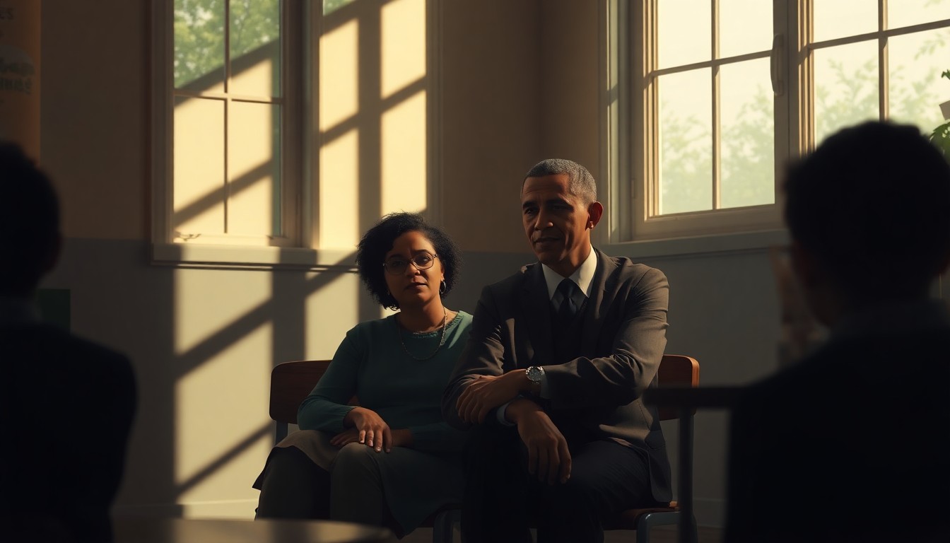 A cinematic painting of two men, one older and one younger, sitting together in a sunlit room, deep shadows surrounding them, conveying a sense of quiet contemplation and the weight of political leadership.