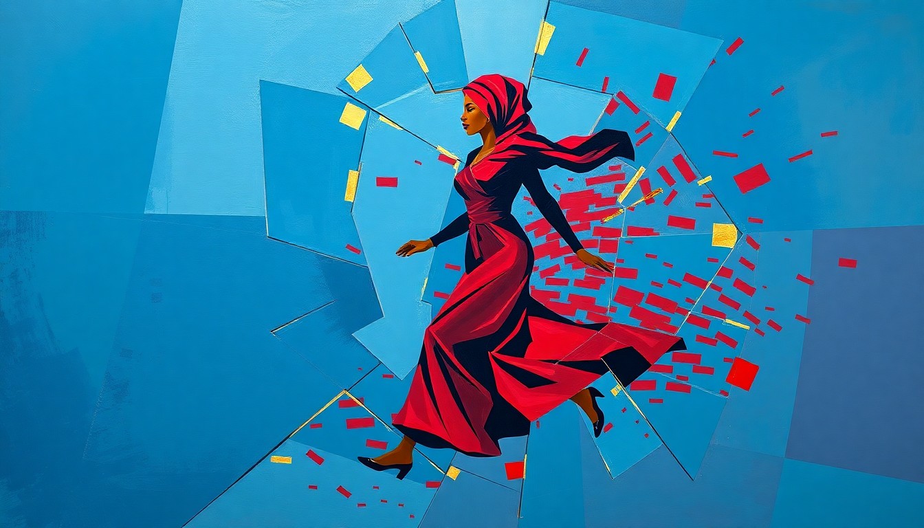 A dynamic, fragmented painting in bold colors depicting a stylized political figure in motion, conveying the turbulence and scrutiny surrounding the financial disclosure controversy.