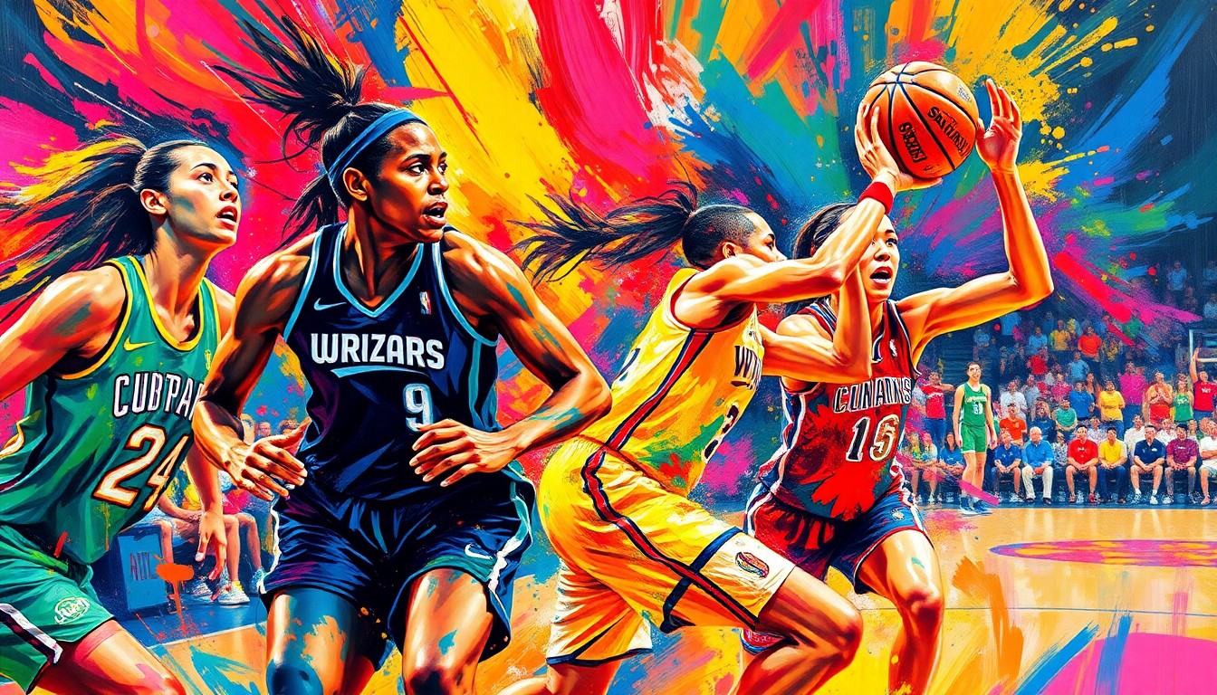 An abstract, expressionist painting in neon colors depicting the dynamic movements and energy of a WNBA basketball game, with players' forms dissolving into bold, textured brushstrokes.