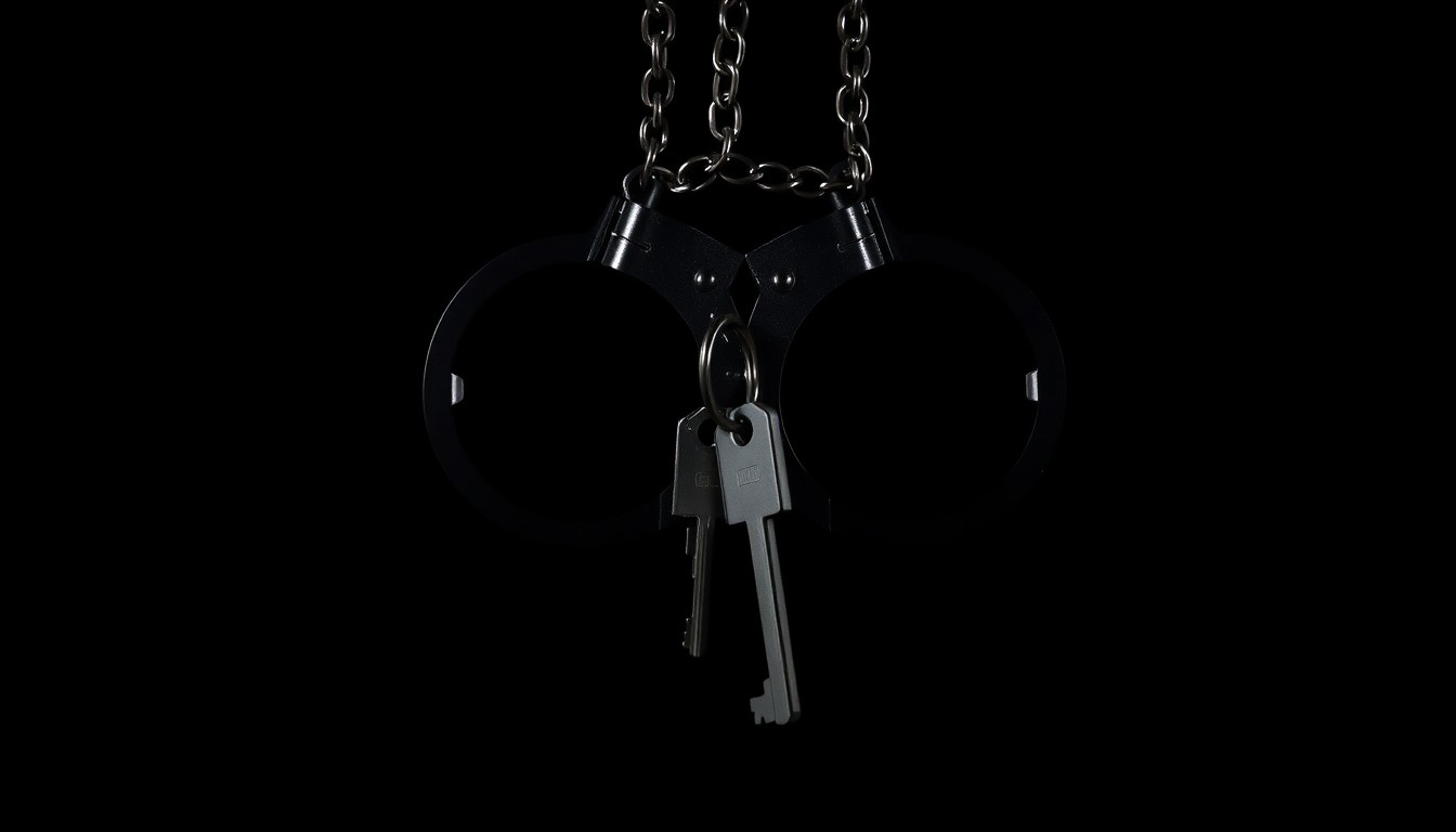 An extreme close-up photograph of a pair of handcuff keys against a stark, black background, conceptually representing the confrontation between protesters and law enforcement during the attempted break-in at Ridglan Farms.