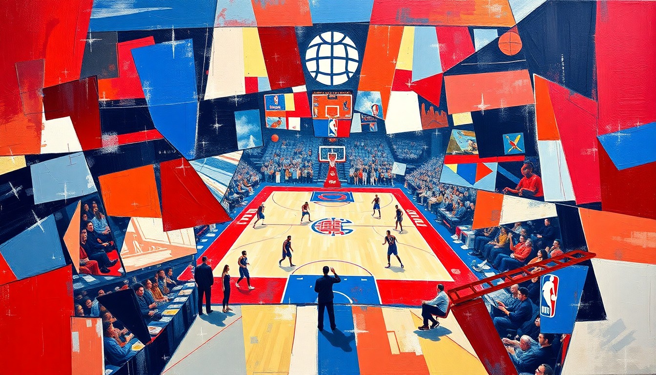 A cubist, geometric painting depicting a fragmented Clippers basketball game, with sharp planes of red, white, and blue representing the team's colors and the complex challenge of rebuilding the roster.