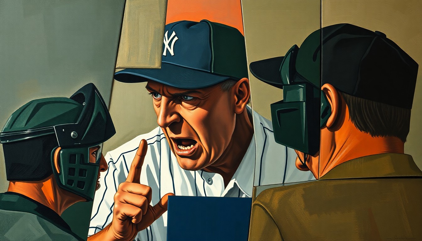 A fragmented, geometric painting depicting a baseball manager in an animated argument with umpires, the figures broken down into overlapping planes of navy, green, and orange.