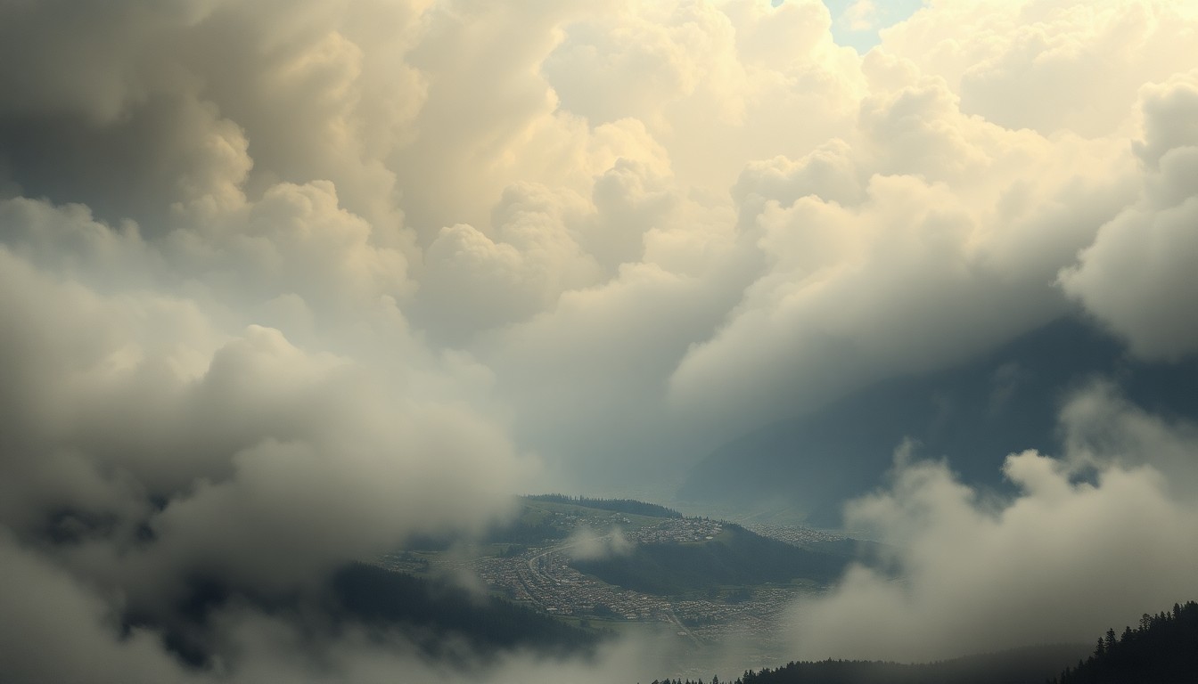 A sweeping, atmospheric landscape painting in muted tones of grey, brown, and blue, depicting a small town nestled in a valley obscured by thick, billowing smoke, conveying the scale and power of the natural disaster.