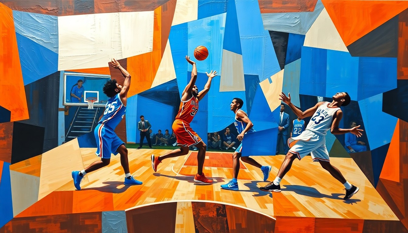 A cubist-style painting depicting a basketball game scene broken down into sharp, overlapping geometric shapes and planes in a vibrant color palette, representing the unexpected appearance of a Luka Dončić lookalike at a Lakers playoff game.