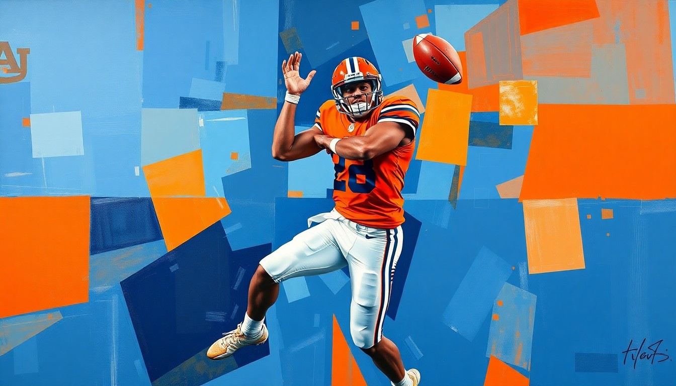 A fragmented, geometric painting in shades of orange and blue, depicting an Auburn football player making a catch, the action broken down into sharp, overlapping planes that convey a sense of dynamic movement and energy.