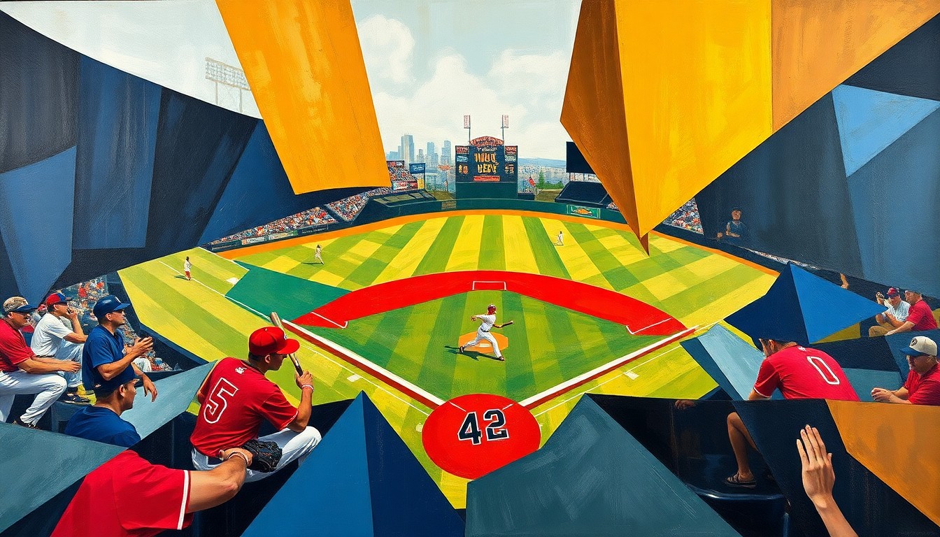 A cubist, geometric painting depicting a baseball game in progress, with players and the field abstracted into bold, angular shapes in a vibrant color palette.