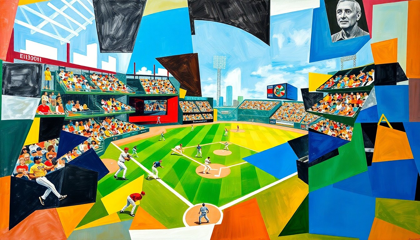 A fractured, geometric painting depicting the chaotic action of a high-scoring college baseball game, with players and the field of play broken down into abstract shapes and planes of color.