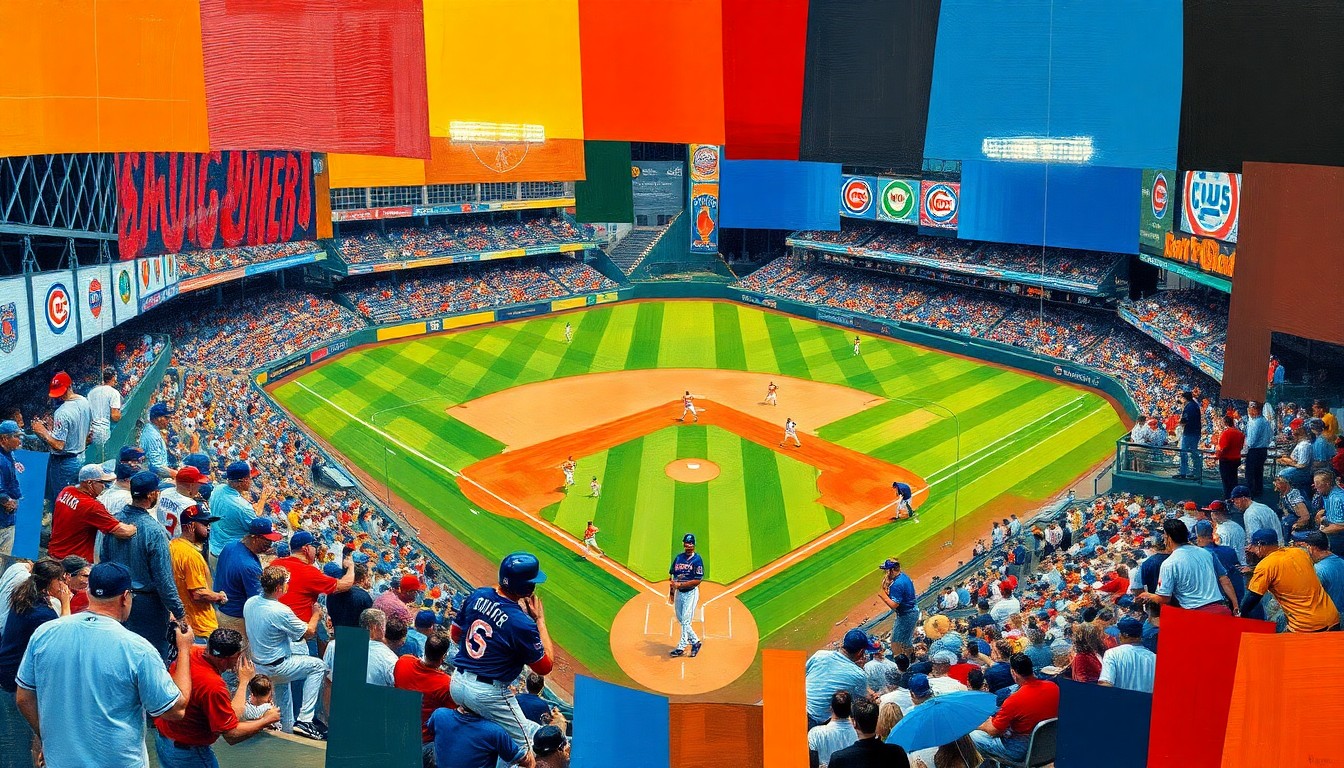 A cubist-style painting depicting the baseball action between the Cubs and Mets, with the players and field rendered in fragmented, geometric shapes and planes of color.