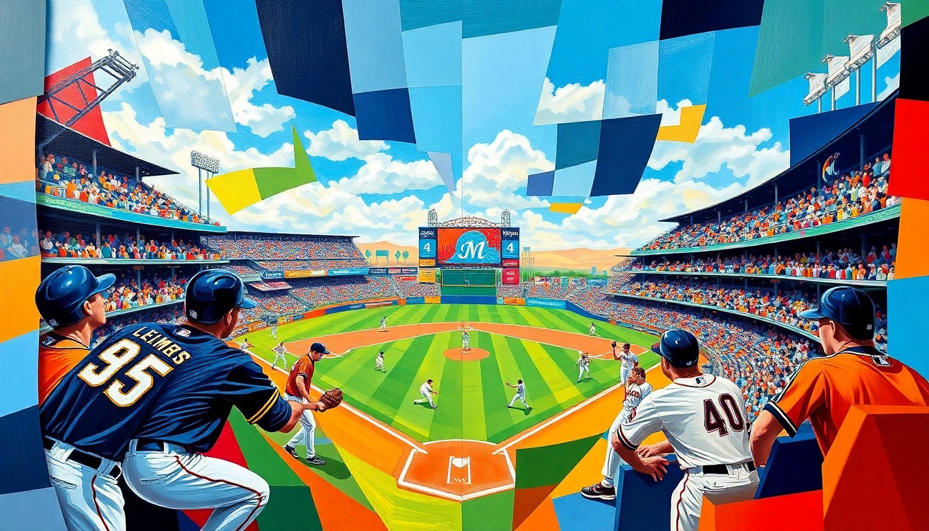 A cubist-style painting depicting a baseball game in progress, with the players and field broken down into sharp, overlapping geometric shapes in the colors of the Brewers and Marlins uniforms.