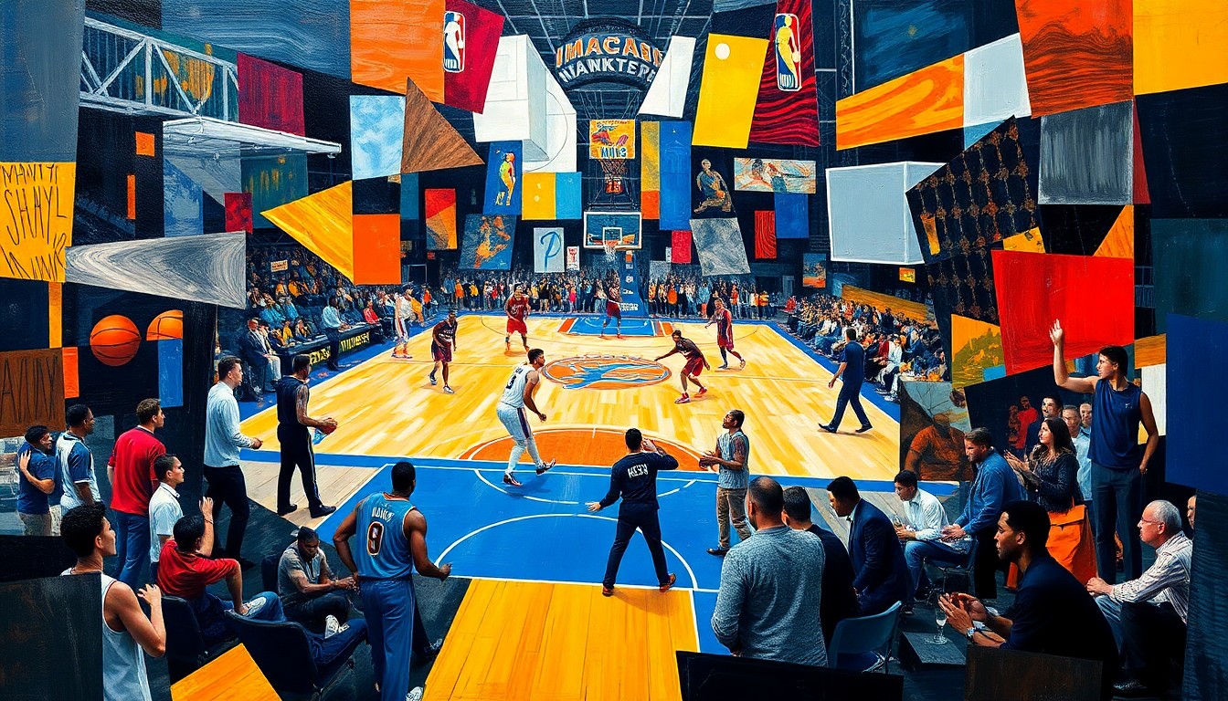A cubist, geometric painting depicting the dynamic action of a basketball game between the Atlanta Hawks and New York Knicks, with the players and court abstracted into overlapping planes of color and shape.