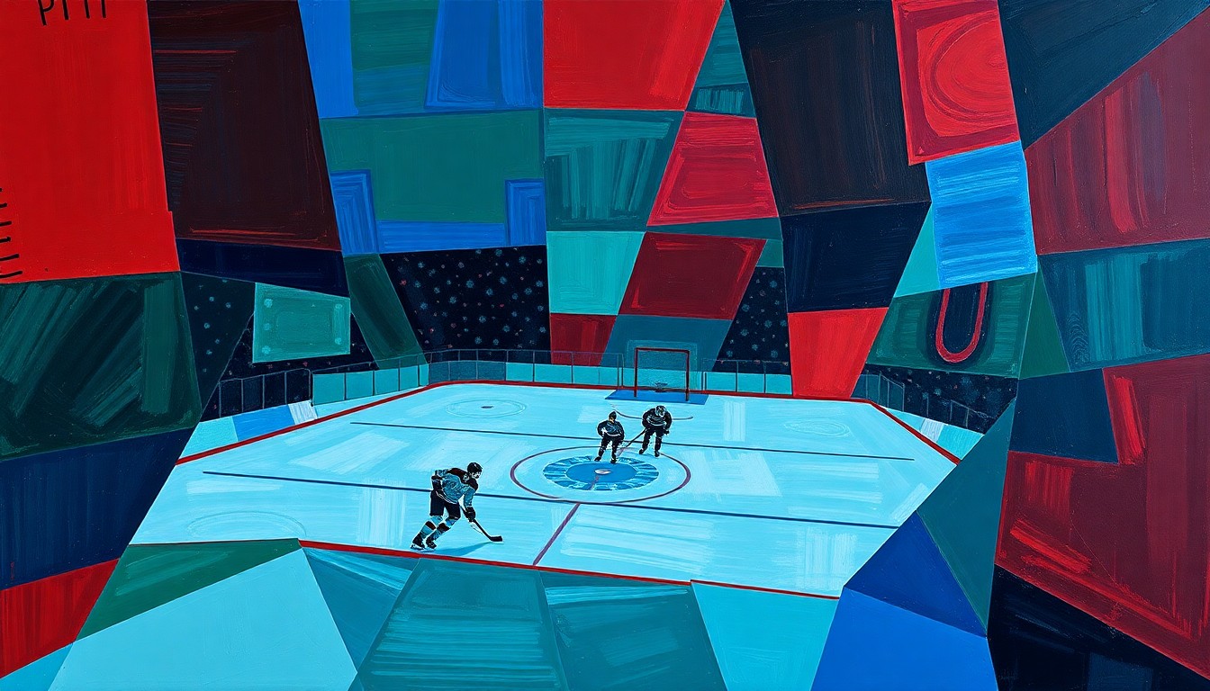 A cubist, geometric painting depicting a hockey game broken down into overlapping planes of navy blue, forest green, and crimson red, conveying the physical and strategic nature of the upcoming playoff matchup.