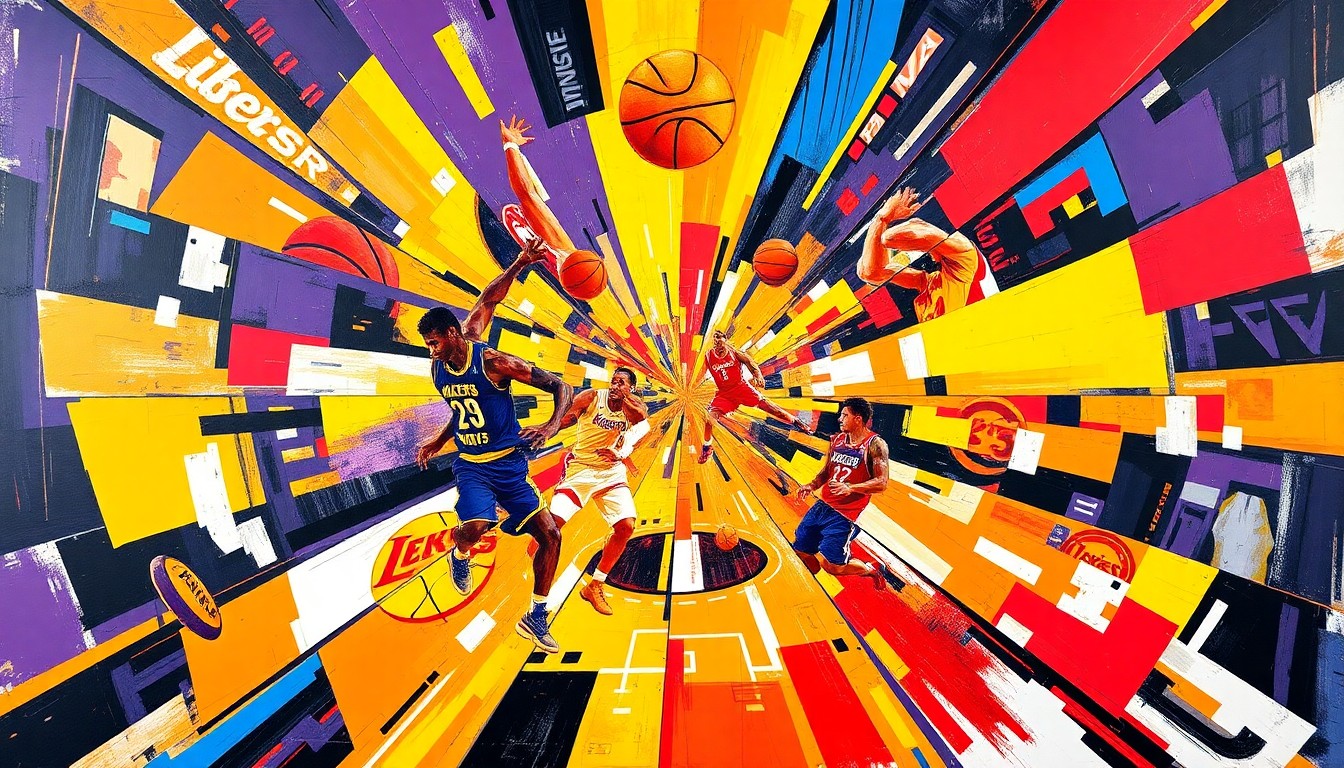An abstract, cubist-style painting featuring overlapping geometric shapes and planes in the colors of the Lakers and Rockets, conceptually representing the intensity and energy of their playoff matchup.