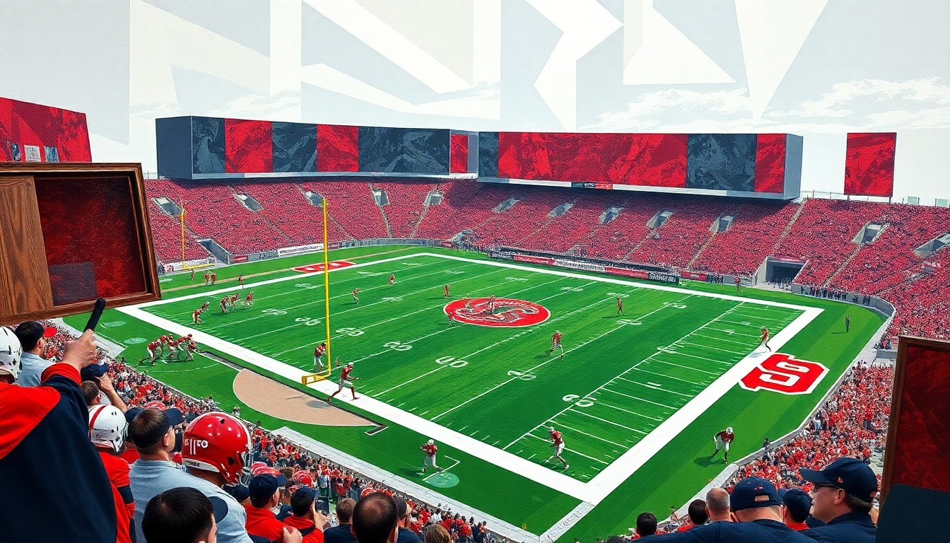 A fractured, cubist-style painting depicting an Ohio State football game, with the players and field of play broken down into sharp, overlapping geometric shapes and planes of scarlet and gray color.