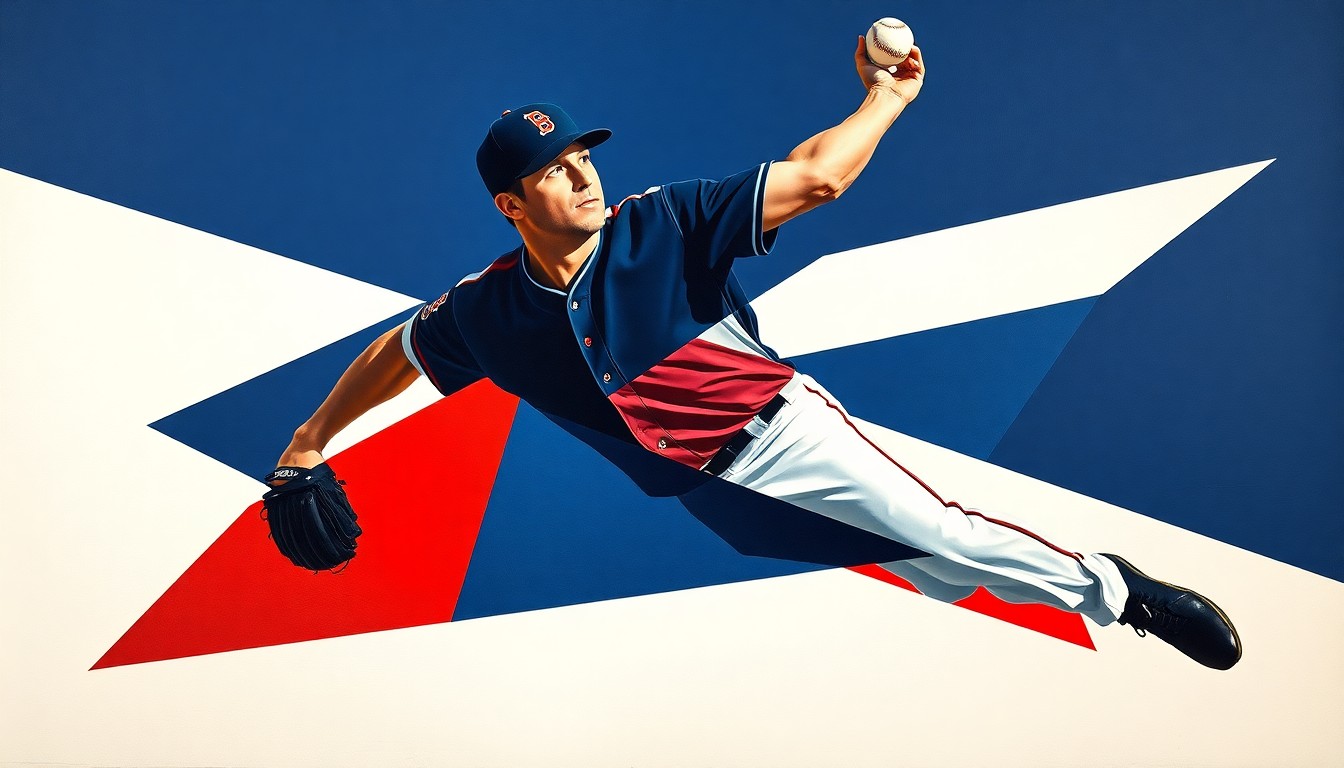 A fractured, cubist-style painting depicting a baseball pitcher's throwing motion broken down into sharp, overlapping geometric shapes in navy blue, red, and white, conveying the complex challenges the Phillies' bullpen must navigate in Duran's absence.