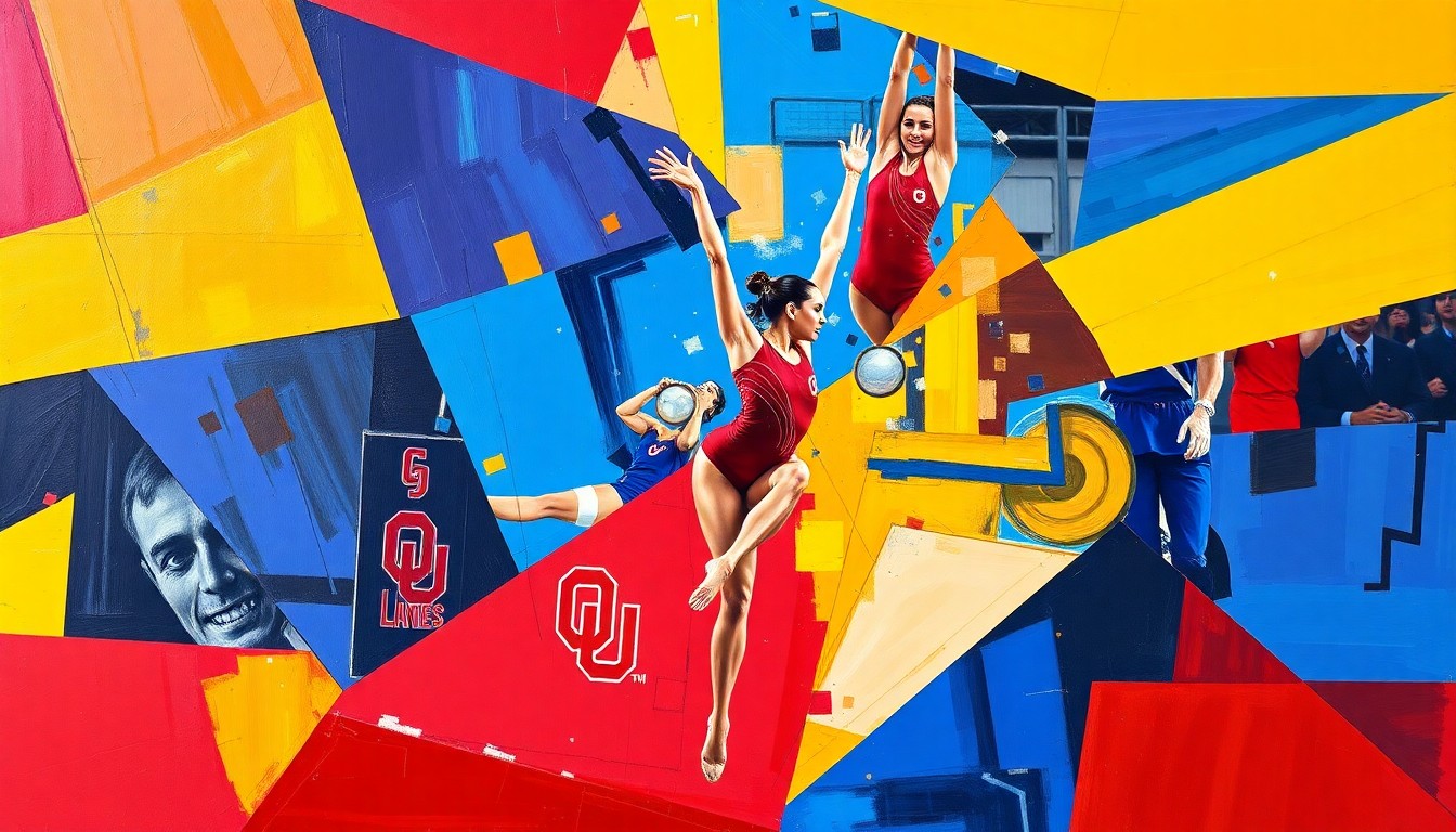 A cubist, geometric painting depicting the dynamic movements and competitive tension of a women's gymnastics championship, with overlapping planes of crimson, gold, and blue representing the University of Oklahoma and Louisiana State University teams.