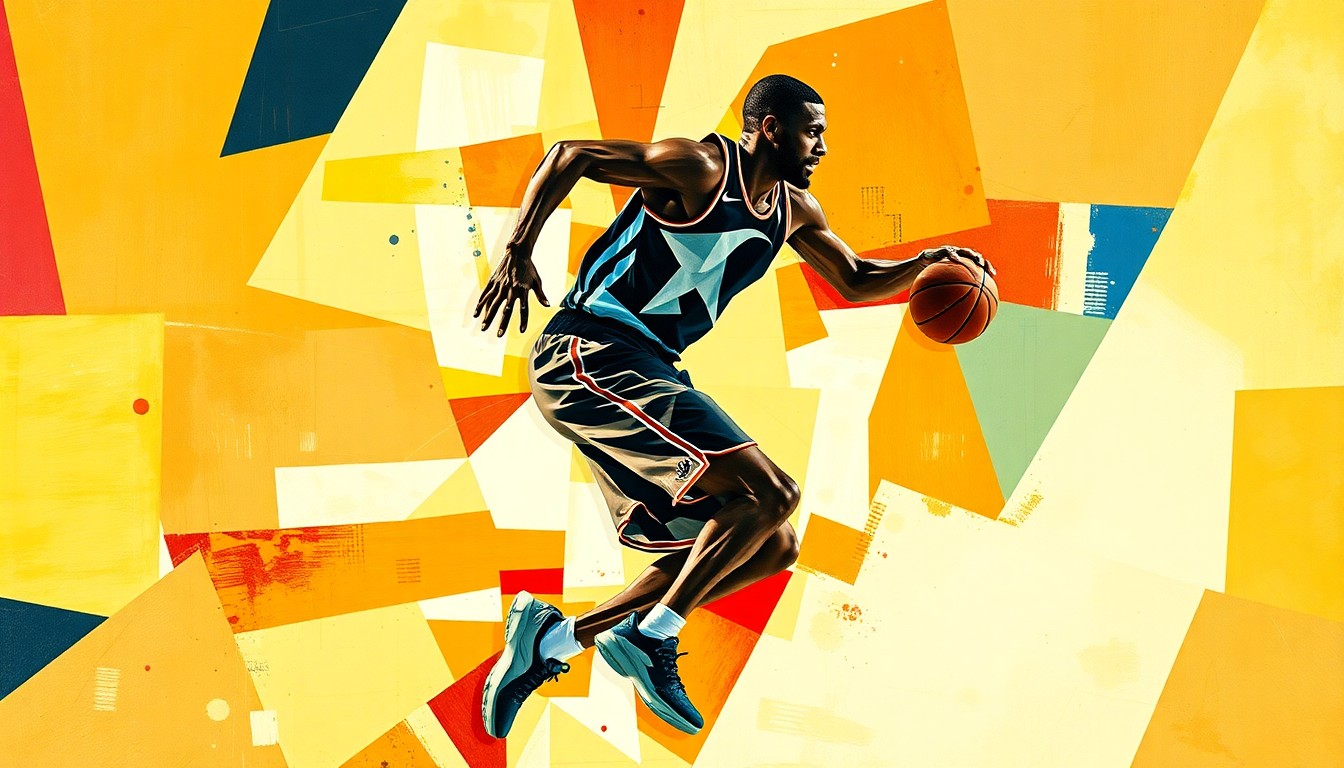 A fragmented, geometric painting depicting the dynamic movement and athleticism of a basketball player, with their form broken down into sharp, overlapping planes of color and abstract shapes.
