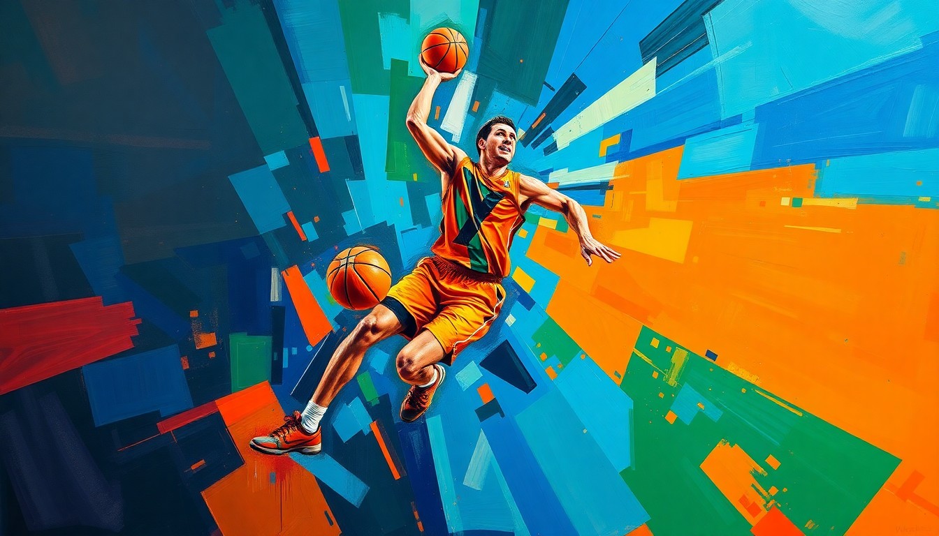 A cubist, geometric painting depicting the dynamic movements and energy of a basketball player, with sharp, overlapping planes of vivid colors like blue, orange, and green, conveying the intensity of playoff basketball.