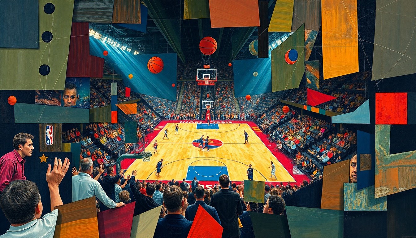 A fragmented, geometric painting depicting a basketball game or match, with overlapping shapes and planes representing the various perspectives and movements on the court.