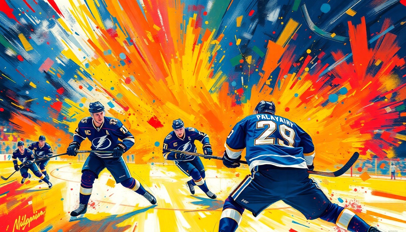 An abstract, expressionist painting featuring bold, neon-colored brushstrokes that capture the raw energy and intensity of a Tampa Bay Lightning playoff hockey game, with players' movements dissolved into unrecognizable splatters of color.
