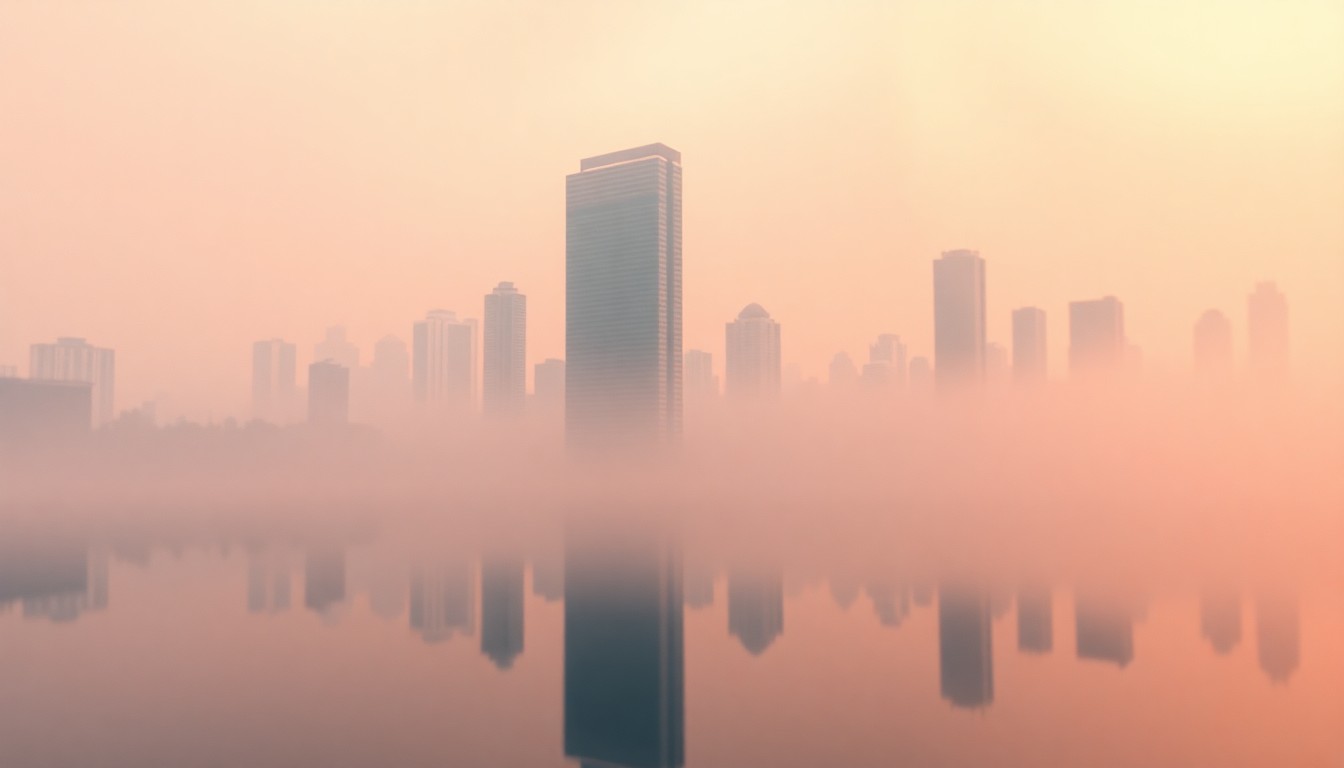 An abstract, impressionistic photograph in soft, warm tones depicting the reflection of a modern high-rise building in the still waters of a lake, with the city skyline visible in the background.