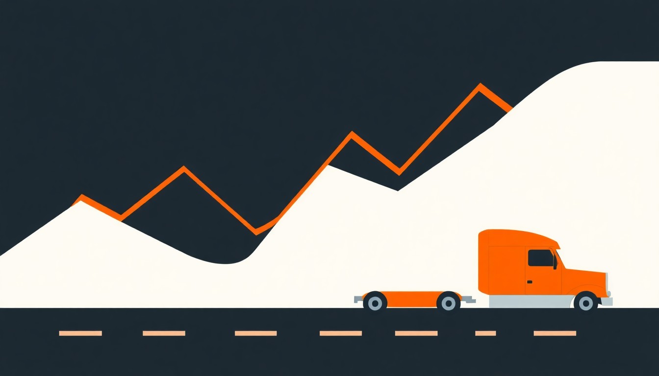 A minimalist illustration using bold geometric shapes and clean lines in shades of gray, blue, and orange to conceptually represent the economic pressures and fluctuating fuel prices impacting the trucking industry in South Florida.