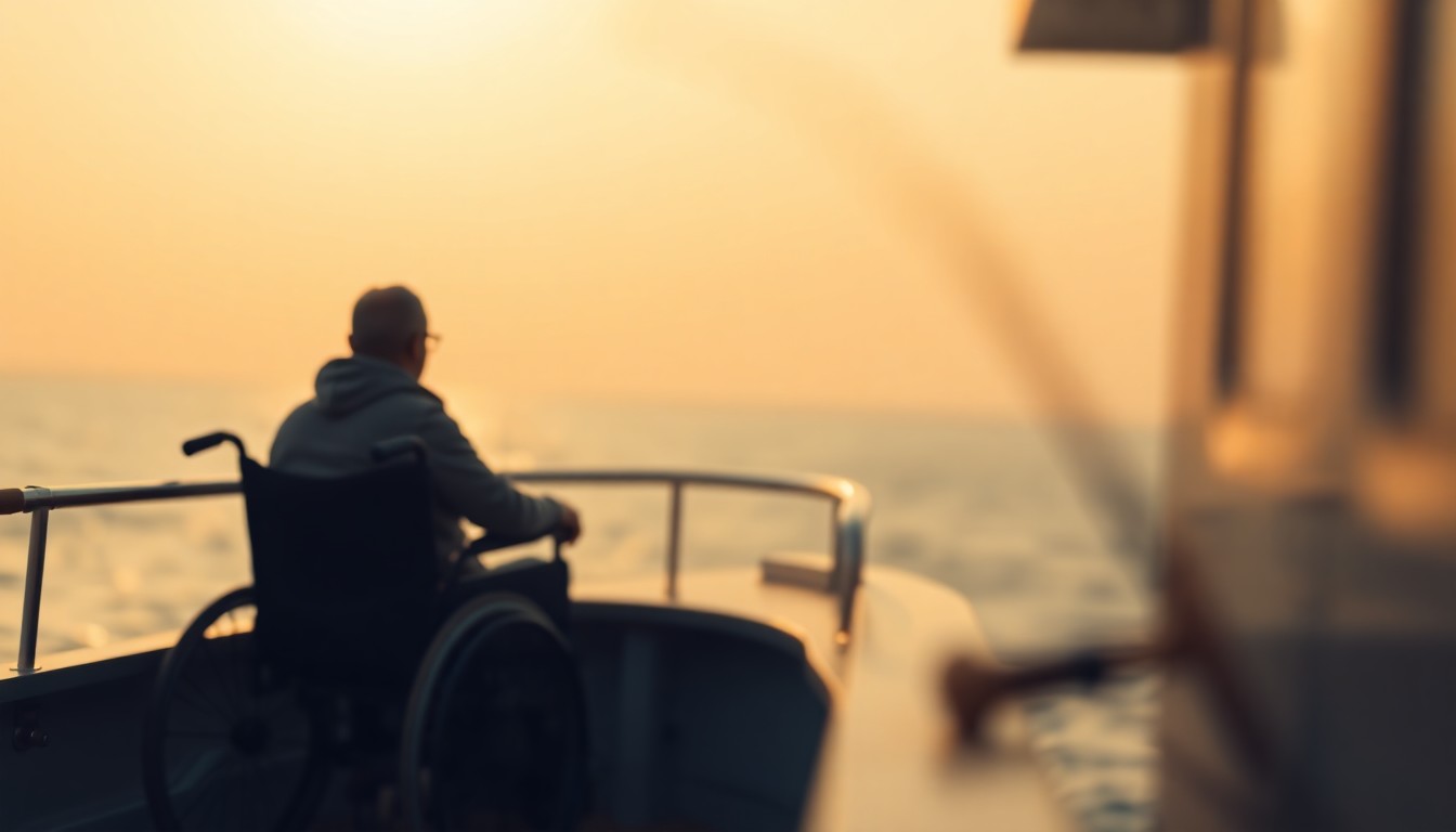 An extremely abstracted, out-of-focus photograph in warm, hazy tones depicting the silhouette of a person in a wheelchair on the deck of a boat, with the blurred outline of a fishing rod and the distant horizon visible through the bokeh, conceptually illustrating the story of an adaptive solution enabling a disabled man to enjoy his favorite hobby.