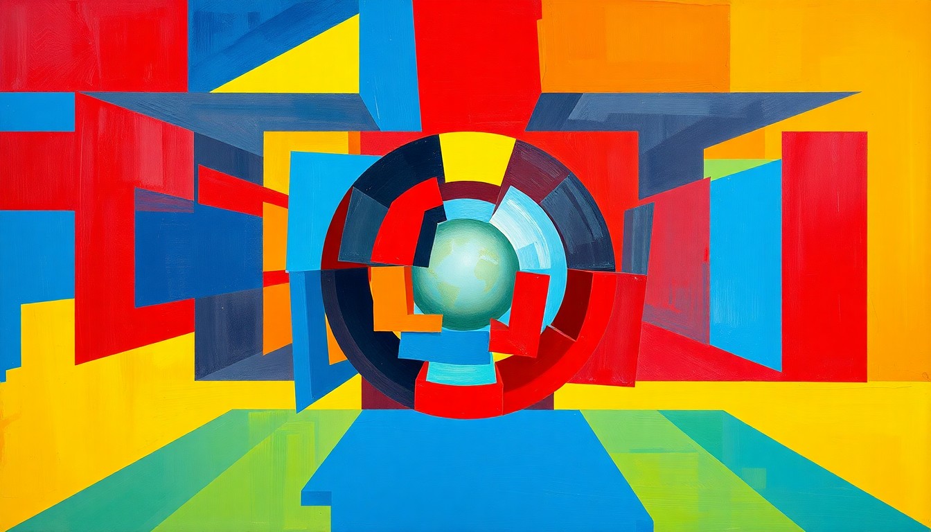 A vibrant, cubist-style painting depicting the dynamic motion and energy of a 'beep ball' game, with the players and field fragmented into overlapping geometric shapes and planes of bold, primary colors.
