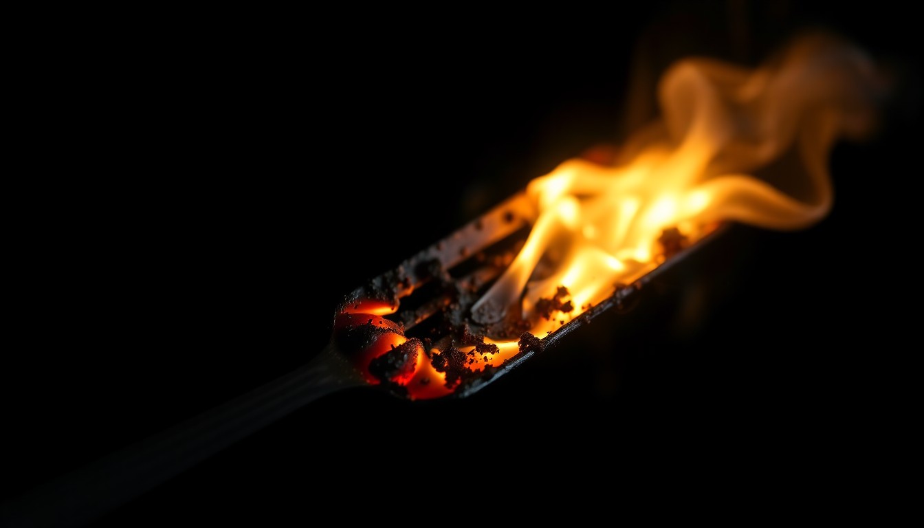 An extreme close-up photograph of a charred kitchen utensil or appliance part against a pitch-black background, conveying a stark, gritty, and investigative aesthetic without depicting any violence or victims.