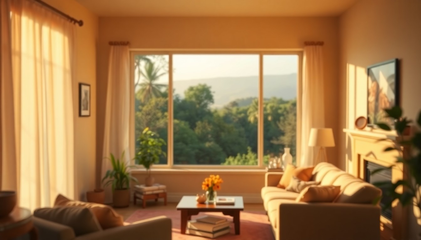 An extremely abstracted, out-of-focus photograph in soft pools of warm light and color, depicting the view from a large living room window overlooking a lush, natural landscape.