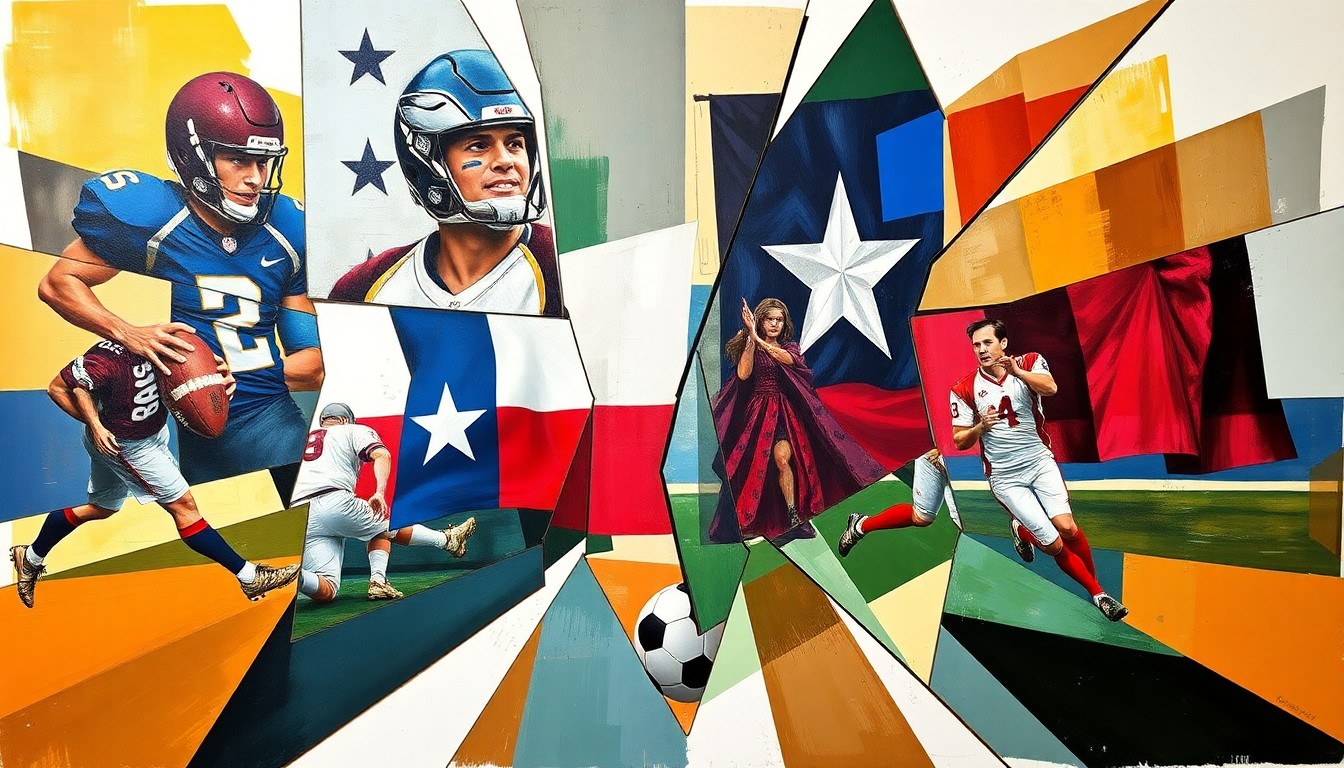 A fractured, cubist-style painting depicting abstract geometric shapes and forms representing football, soccer, and the Texas state flag, conceptually illustrating the induction of legendary athletes into the Texas Sports Hall of Fame.