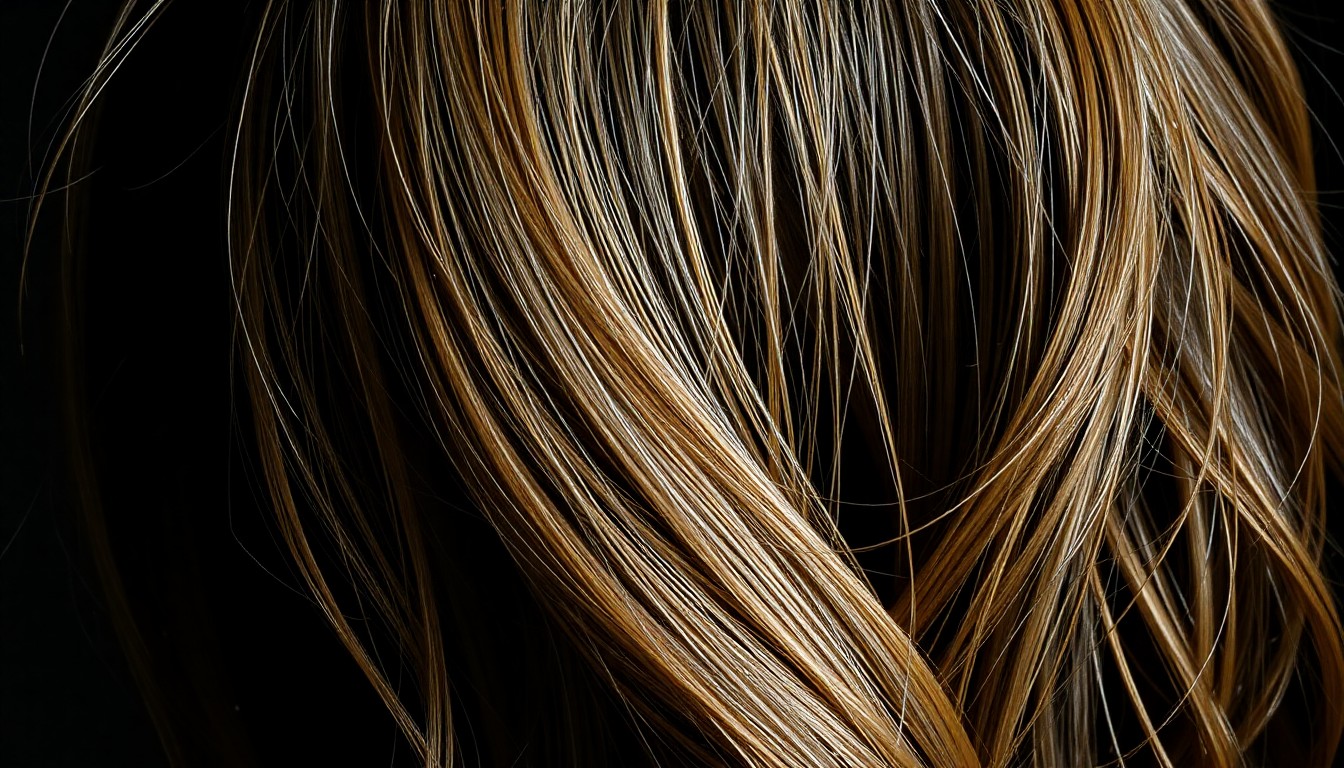 An extreme close-up photograph of Lori Loughlin's shimmering, textured hair strands, captured in dramatic high-contrast studio lighting to create a sense of luxurious, red-carpet glamour.
