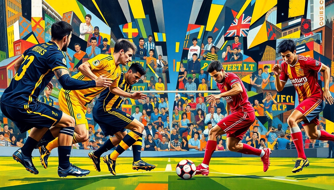 A fractured, cubist-style painting depicting the action and intensity of a soccer match between the Pittsburgh Riverhounds and Detroit City FC, with the teams' colors clashing and intertwining in sharp, geometric shapes.