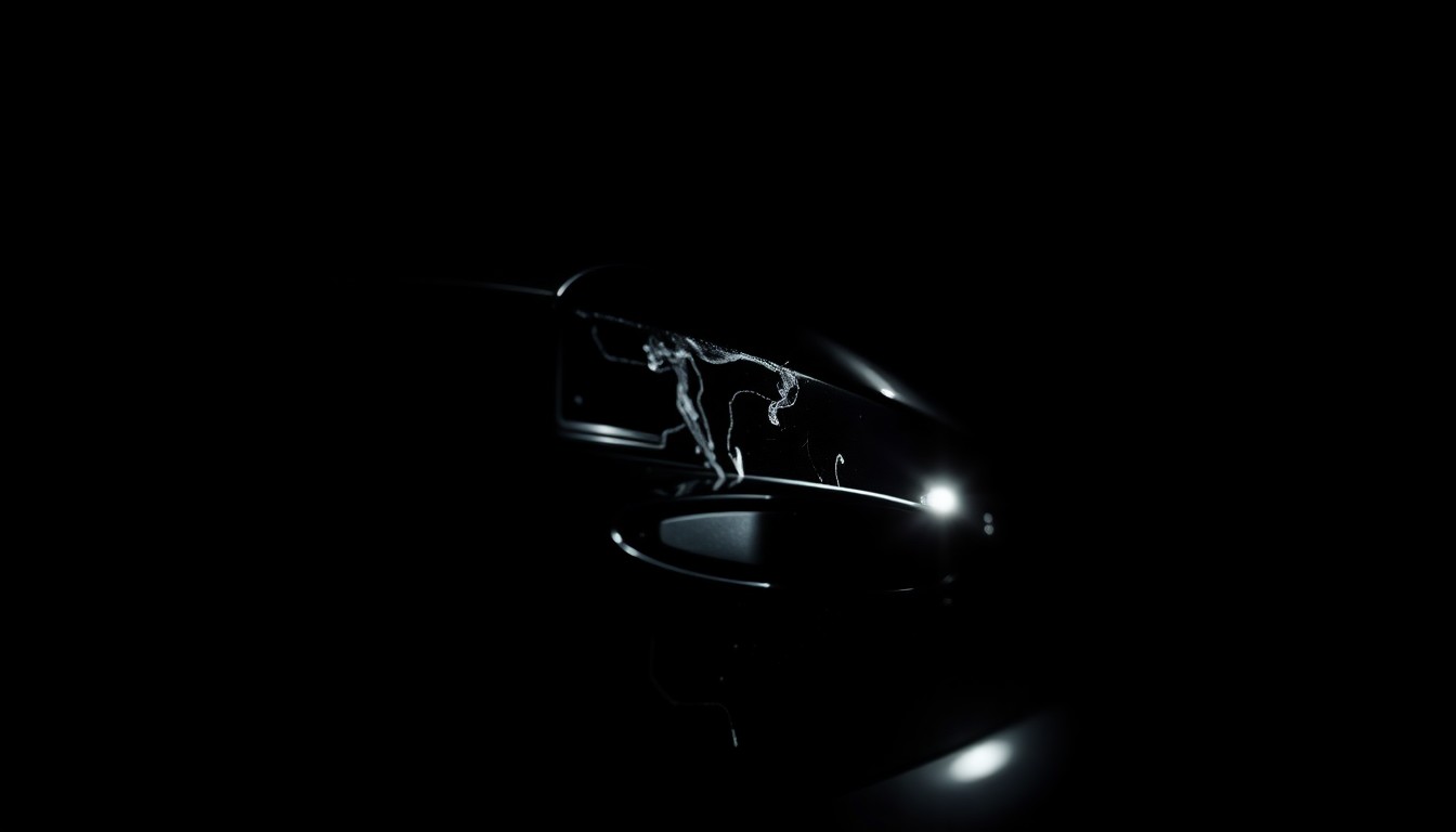 An extreme close-up photograph of a damaged luxury car door handle, the harsh flash lighting creating a stark, gritty, investigative aesthetic that conceptually represents an insurance fraud investigation.