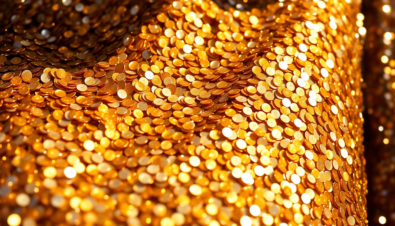 An abstract close-up photograph of shimmering gold and silver sequins, capturing the luxurious, high-energy atmosphere of the Coachella music festival.