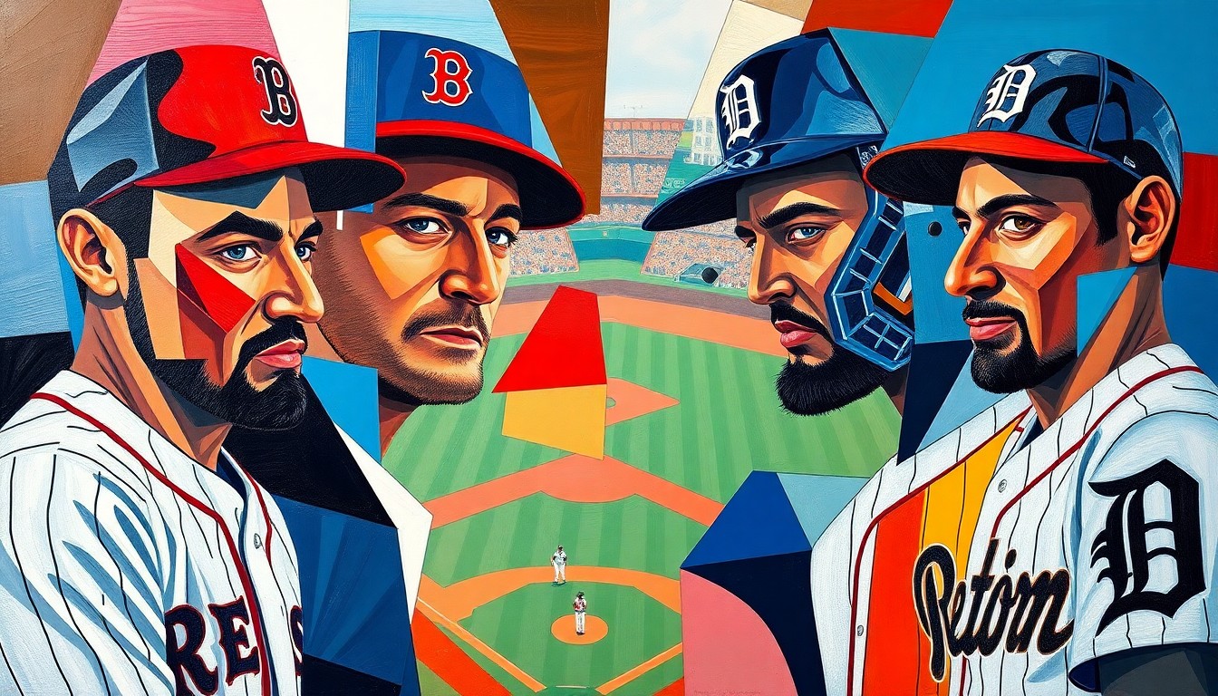 A fragmented, abstract painting in bold colors representing a baseball game between two teams, with the players and field broken down into sharp, overlapping geometric shapes and planes.