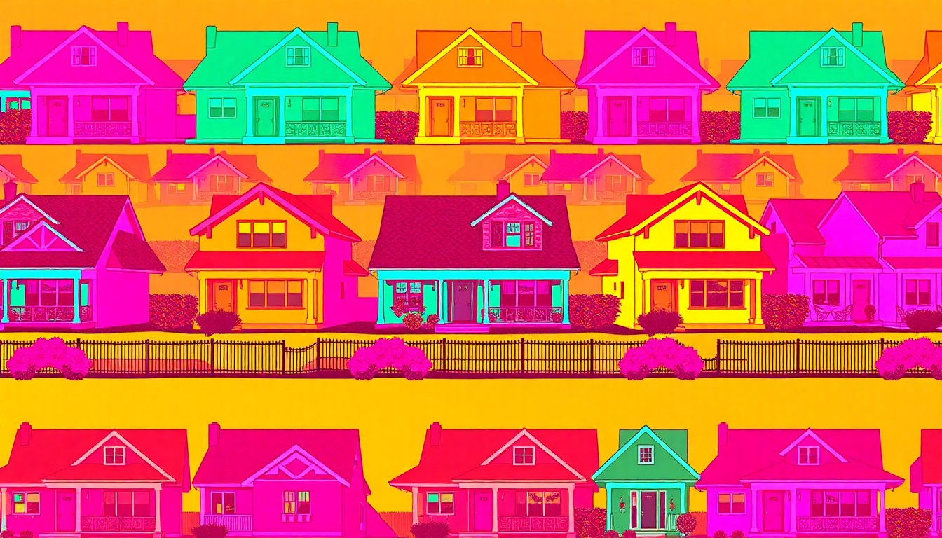 A vibrant, silkscreen-style illustration featuring a repeated image of a simple suburban house in a grid pattern, using a palette of neon colors and heavy black outlines to transform the everyday into a modern pop art piece.