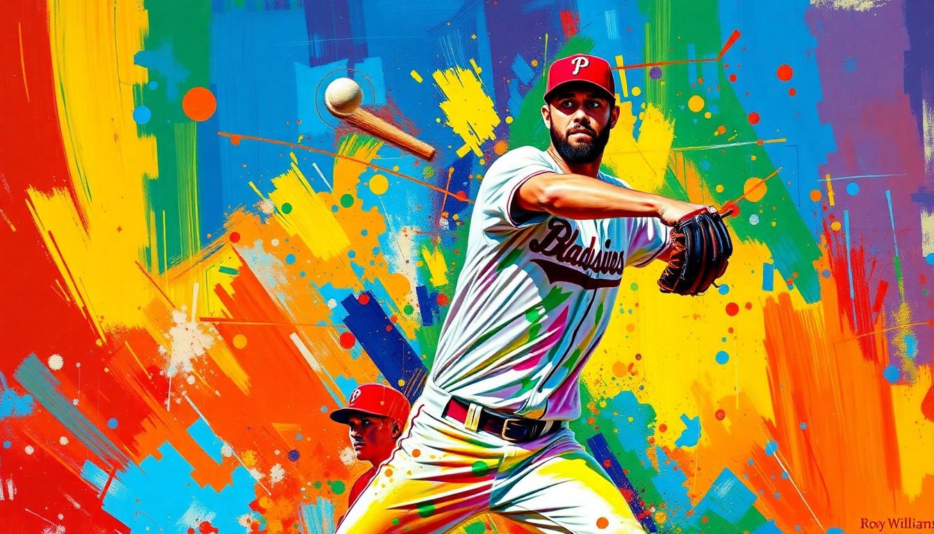 An abstract, expressionist painting featuring bold, neon-colored brushstrokes that capture the dynamic motion and energy of a baseball pitcher on the mound, with his face and uniform details blurred into the vibrant, energetic composition.