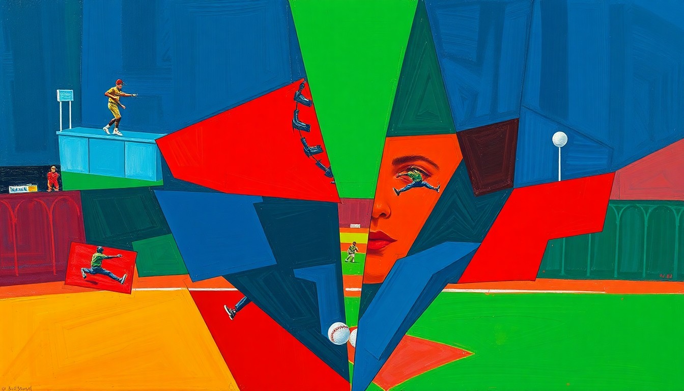 A fragmented, cubist-style painting depicting the dynamic action of a softball game, with overlapping geometric shapes in shades of blue, green, and red conveying the energy and intensity of the championship matchup.