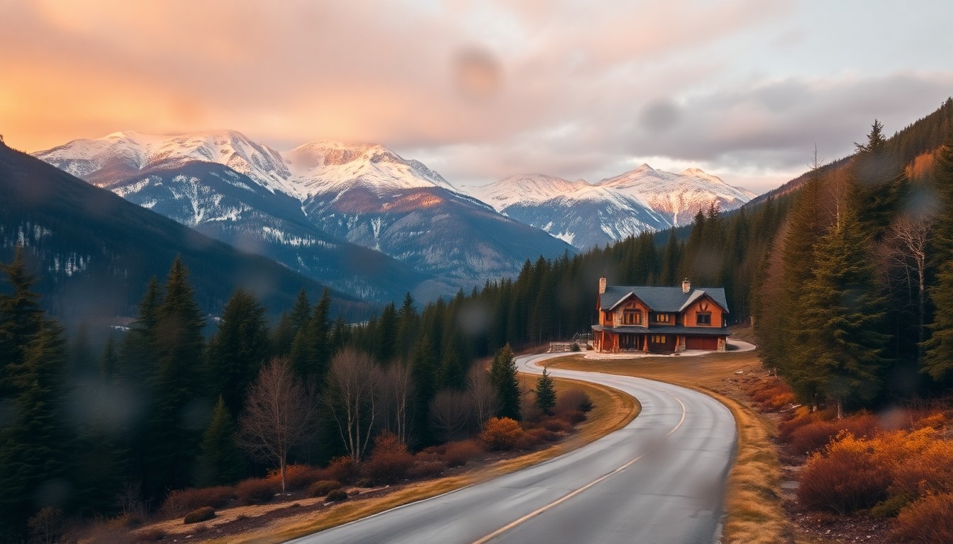 An abstract, impressionistic landscape scene featuring soft, blurred outlines of snow-capped mountains, evergreen forests, and a winding road, all bathed in a warm, hazy glow, conveying a sense of peaceful solitude and natural beauty.